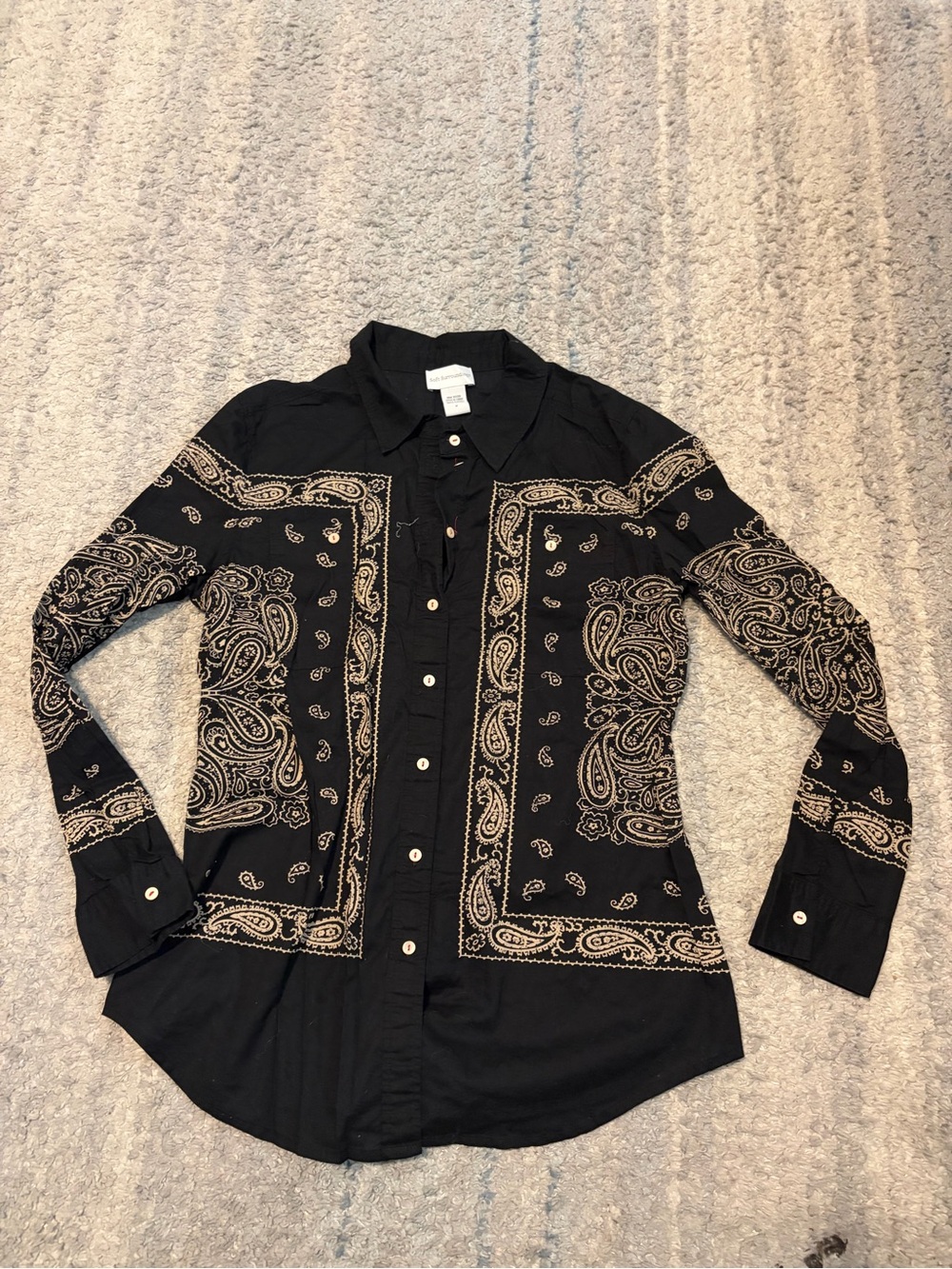 Soft Surroundings Black Paisley Bandana Shirt Medium 100% Cotton Button Up Tunic